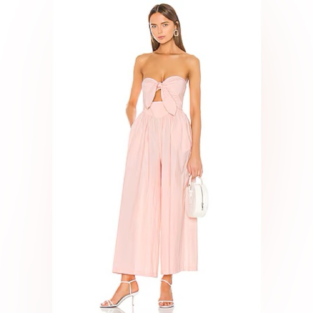 New! L'Academie Blush Pink Strapless Wide Leg Jumpsuit Bow Cutout Front 🎀 XS